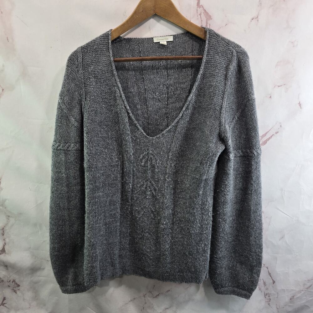 Garnet Hill Sweater Womens Small Gray Alpaca Wool V Balloon Sleeve Pointelle - Picture 1 of 10
